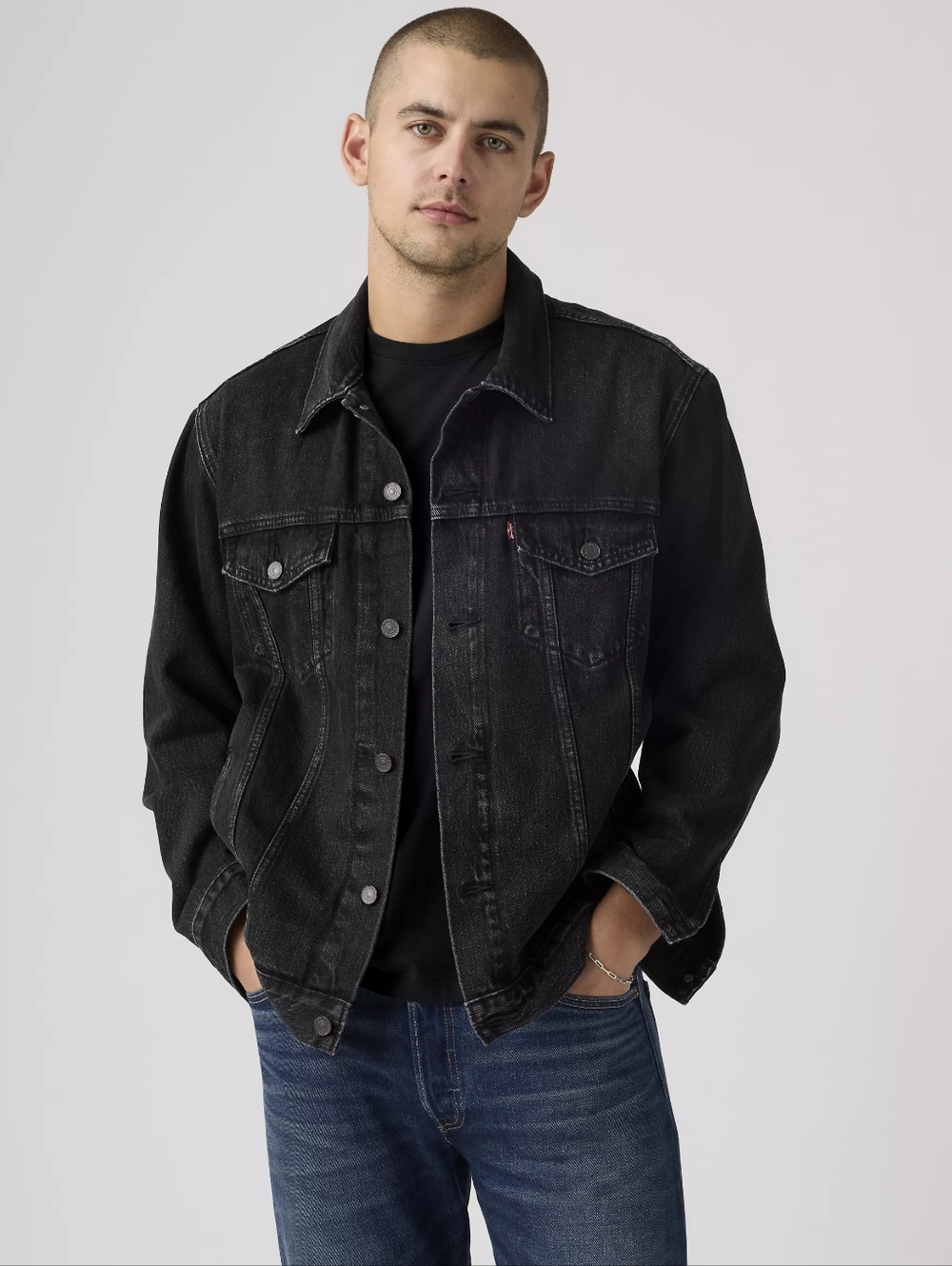 Levis Black Denim Trucker Jacket Relaxed Fit Mens Size XXL - Picture 1 of 8
